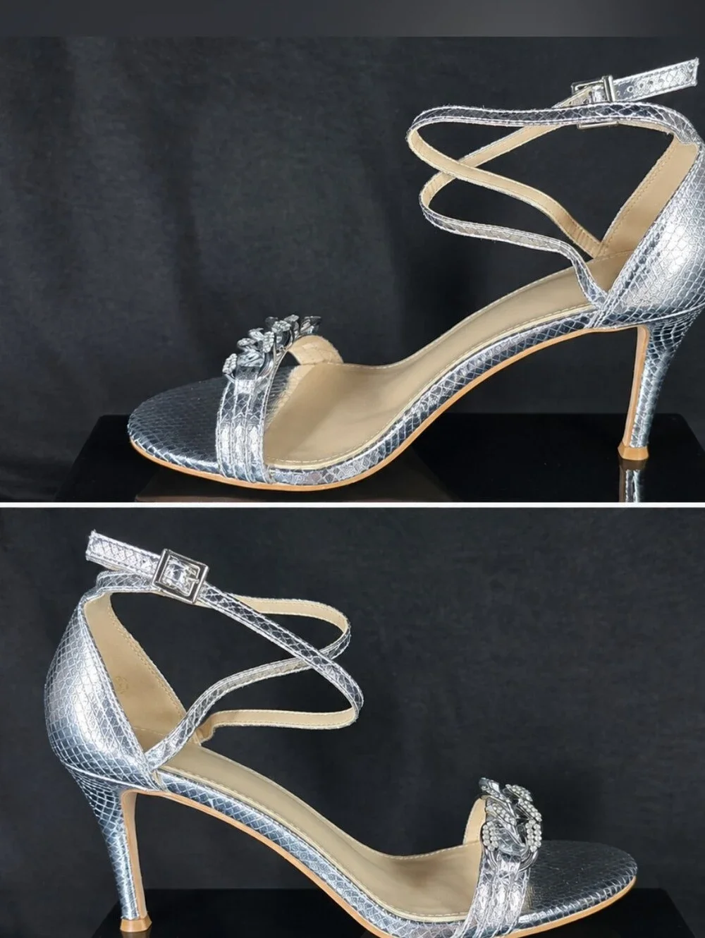 Silver Crystal-Embellished Strappy Heels - Women's Dress Sandals